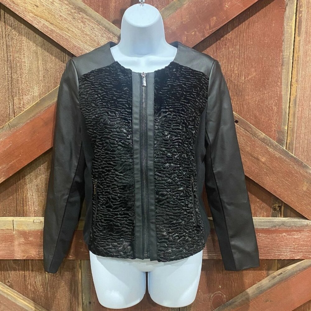 Alfani Faux Leather Texture Jacket Black Medium Petite MP Round Neck Career FLAW